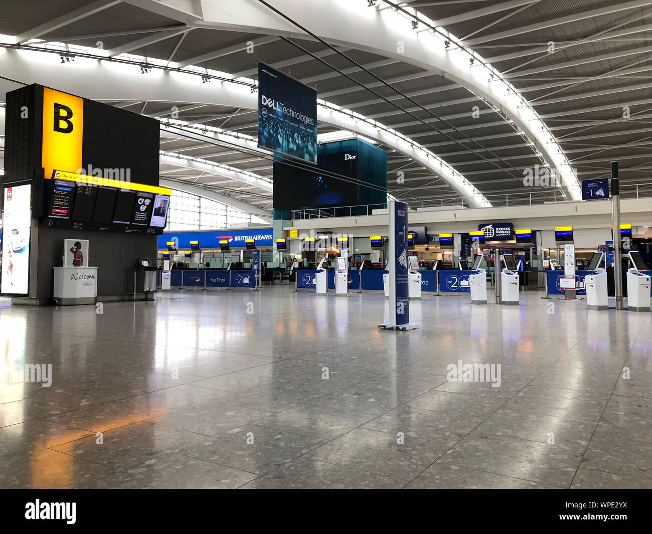 Inside Terminal Five at Heathrow Airport, London, on day one of the first-ever strike by British Airways pilots. The 48 hour walk out, in a long-running dispute over pay, will cripple flights from Monday, causing travel disruption for tens of thousands of passengers. Stock Photo