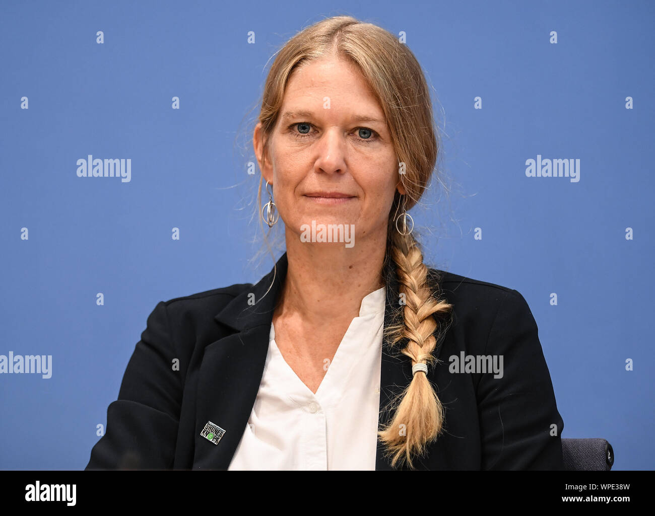 09 September 2019, Berlin: Antje von Dewitz, Managing Director, VAUDE Sport  GmbH & Co. KG, speaks at the presentation of the state textile seal "Grüner  Knopf". With the new seal, the Federal