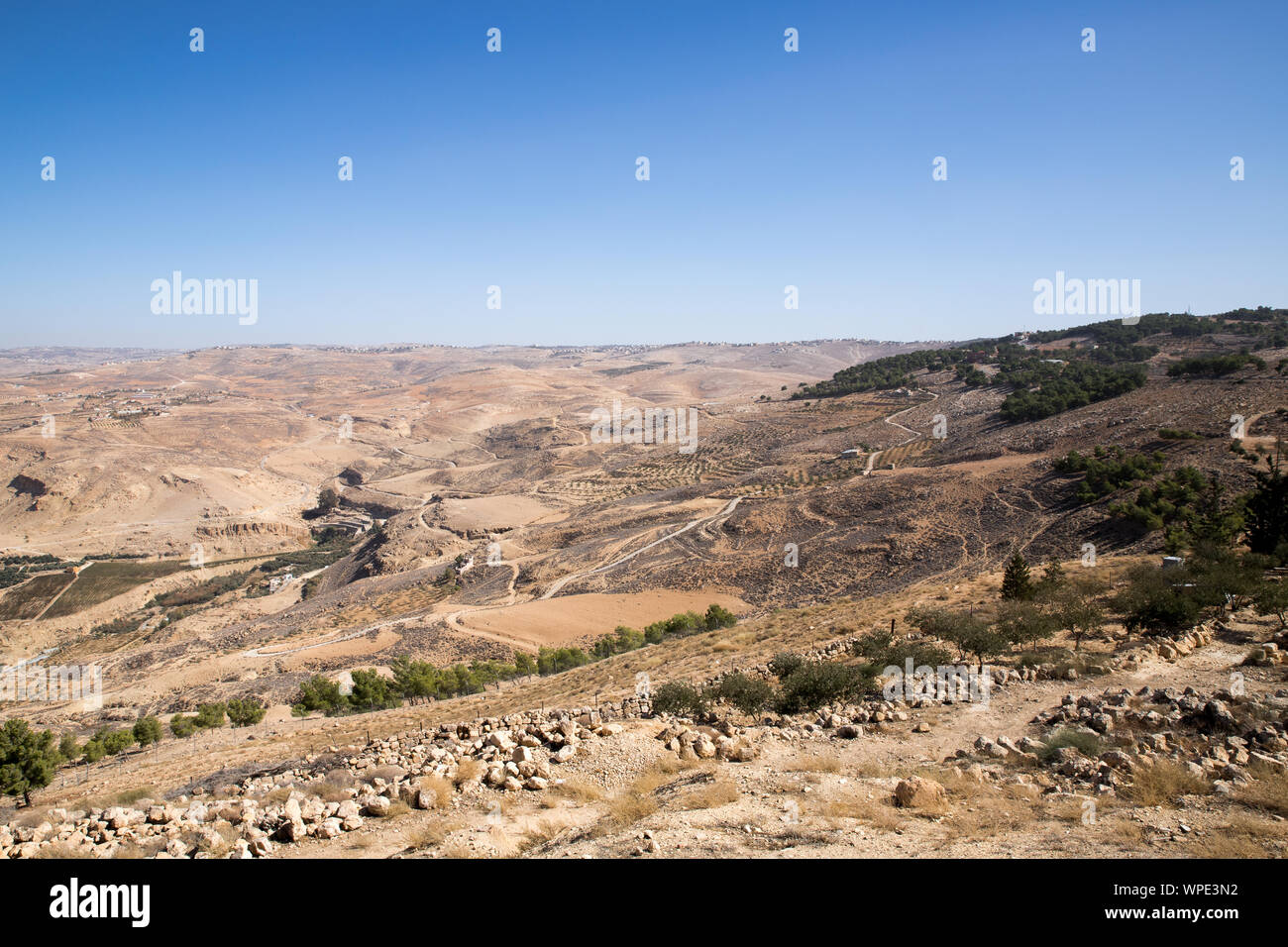 View of Moses' Promised Land from Mount Nebo, Madaba, Jordan Stock Photo