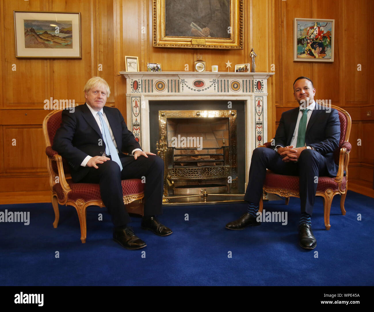 Dublin, Ireland. 9th Sep, 2019.  Boris Johnson In Dublin For Brexit Talks British Prime Minister Boris Johnson meets with an Taoiseach and Fine Gael leader Leo Varadkar in his office at Government Buildings in Dublin. They had talks on the Northern Ireland Border problem and the Bexit Crisis.Photo Leon Farrell/Rollingnews.ie Credit: RollingNews.ie/Alamy Live News Stock Photo