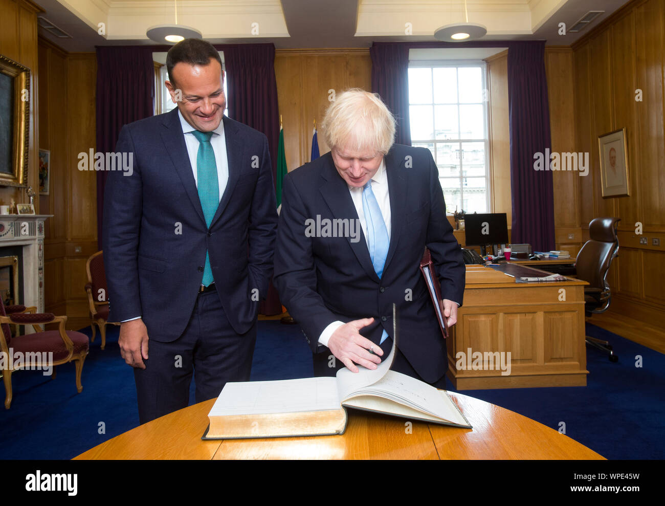 Dublin, Ireland. 9th Sep, 2019.  Boris Johnson In Dublin For Brexit Talks British Prime Minister Boris Johnson arrives into an Taoiseach and Fine Gael leader Leo Varadkar office at Government Buildings in Dublin. He is pictured signing  the visitors book, they meet for talks on the Northern Ireland Border problem and the Bexit Crisis.Photo Leon Farrell/Rollingnews.ie Credit: RollingNews.ie/Alamy Live News Stock Photo