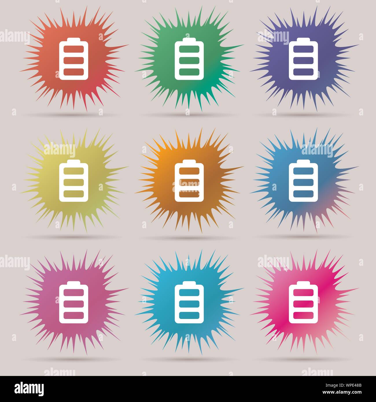 Battery fully charged icon sign. A set of nine original needle buttons ...