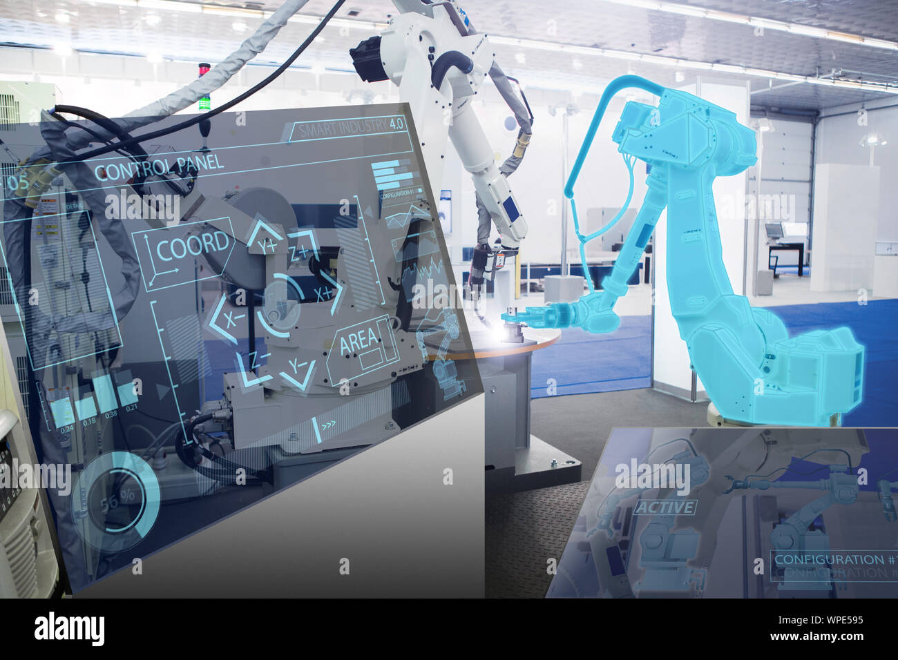 Futuristic transparent computer for control of robots in a smart factory. Smart industry 4.0 concept Stock Photo