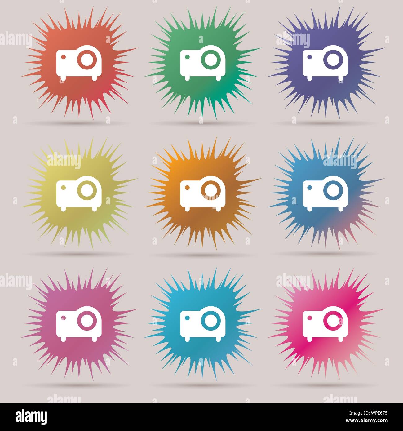 projector icon sign. A set of nine original needle buttons. Vector ...