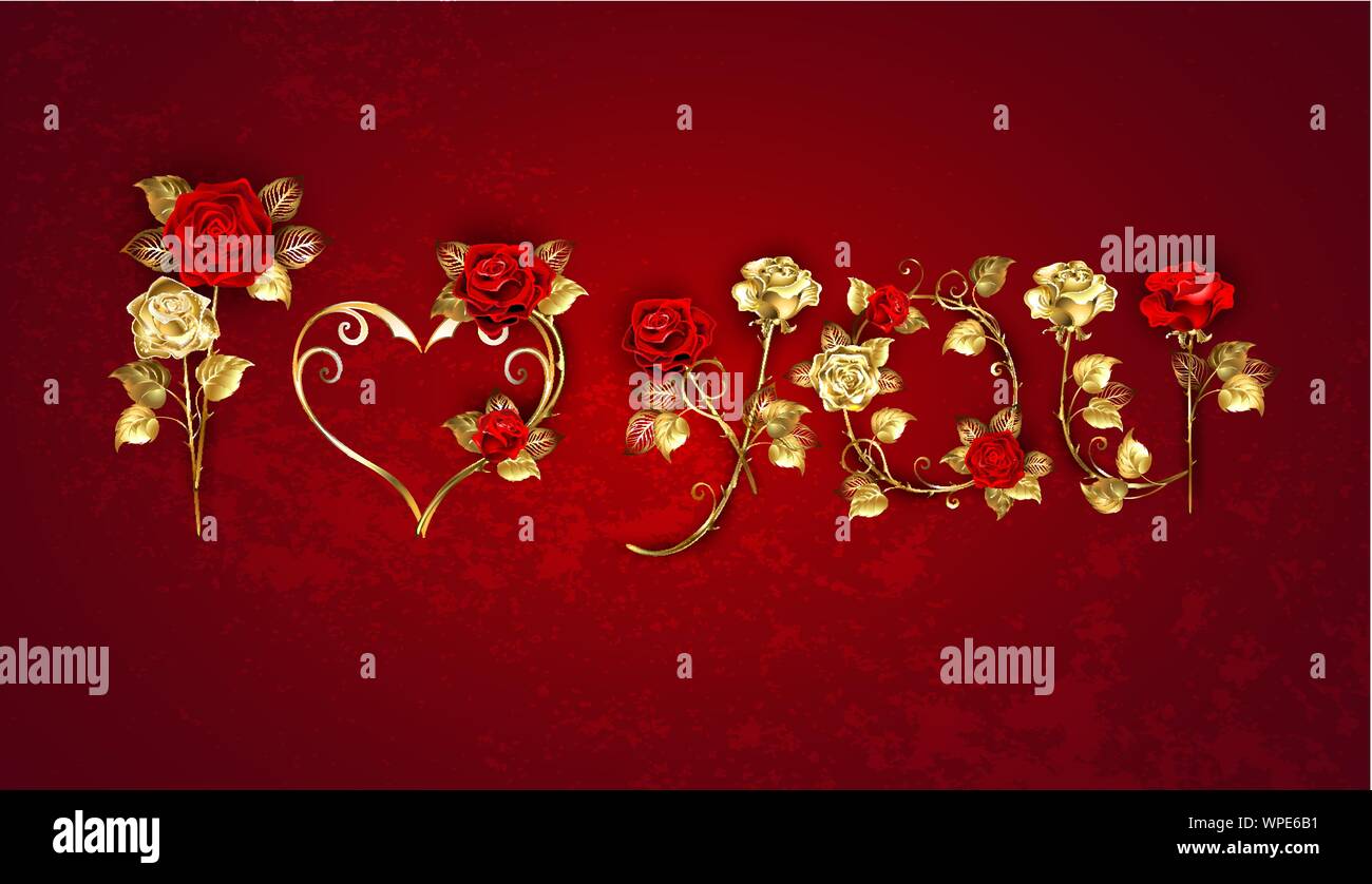 Creative declaration of love from jewelry, gold and red roses with golden straight stems on textured background. Stock Vector
