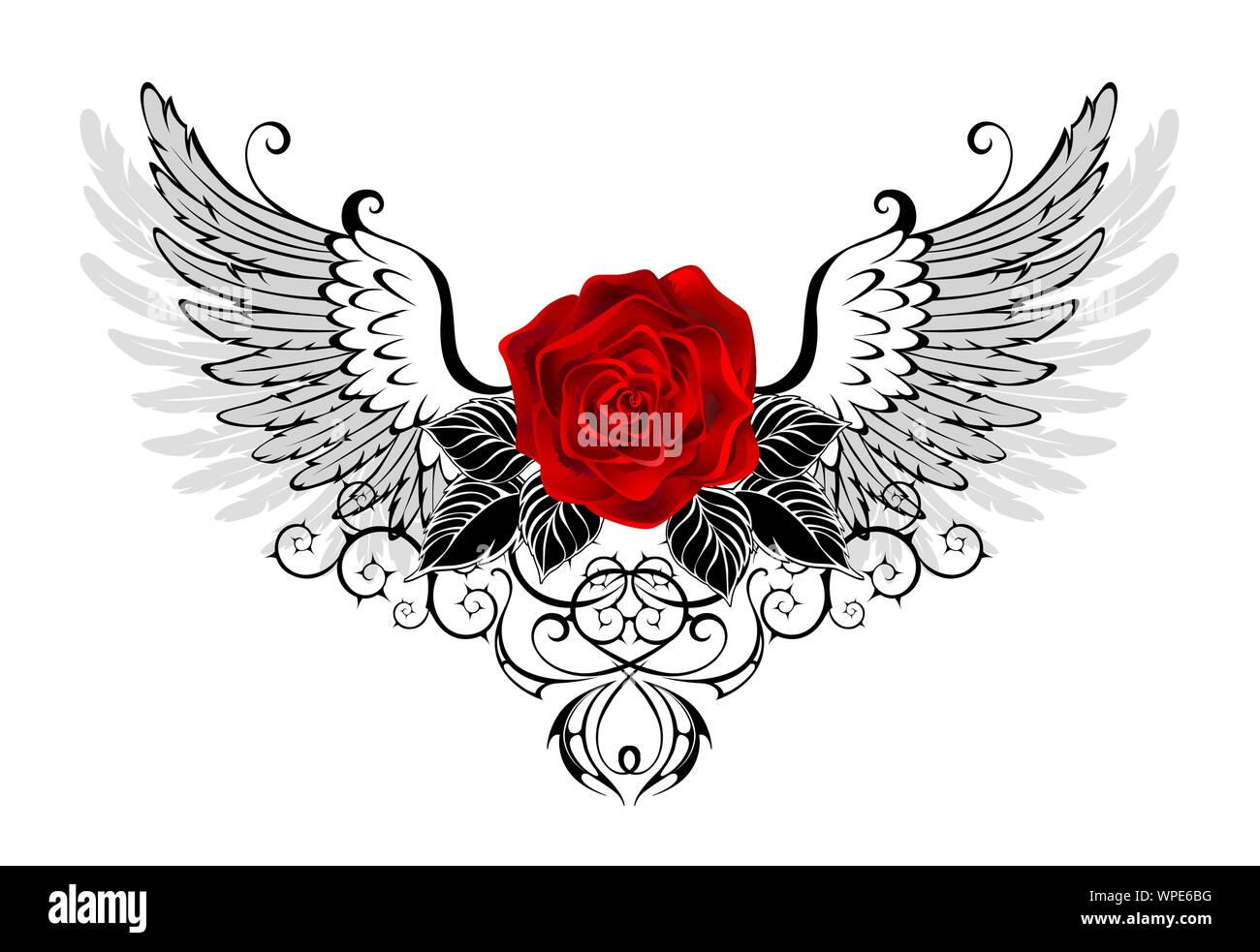 Red, blooming rose with gray, contoured angel wings, decorated with  black pattern on white background. Stock Vector