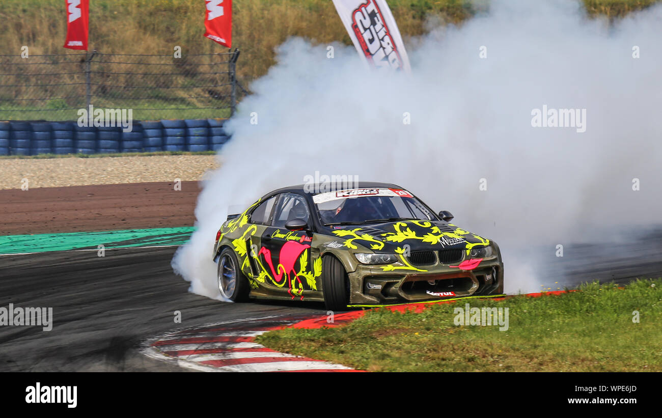 Oschersleben, Germany, August 30, 2019: Clemens Kauderer driving his BMW E92 during the Drift Kings International Series in Germany. Stock Photo