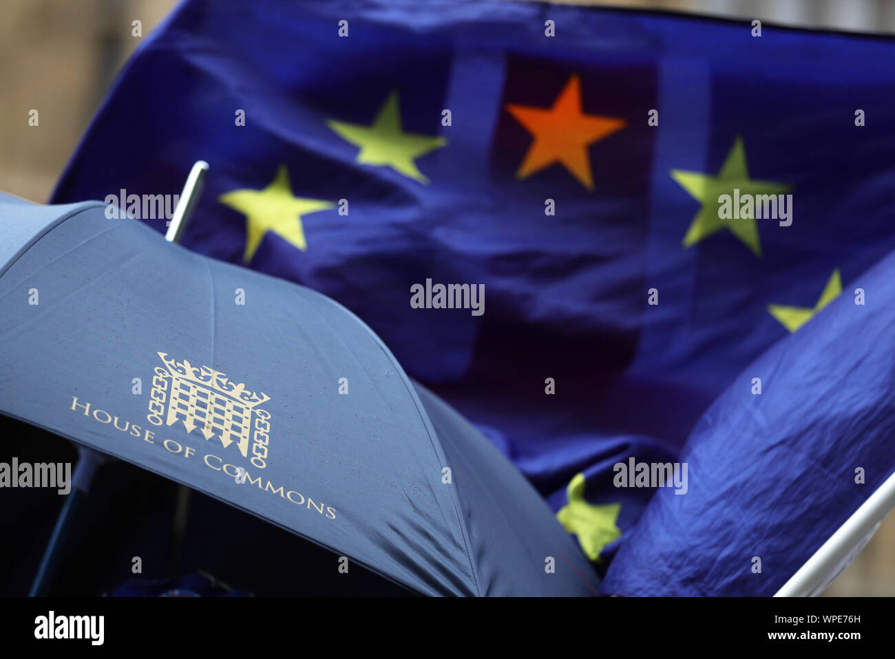 Umbrellas are out and flags are flying in Westminster, London, with the news, confirmed by Downing Street, that Parliament will be prorogued at the close of business today. PA Photo. Picture date: Monday September 9, 2019. See PA story POLITICS Brexit. Photo credit should read: Aaron Chown/PA Wire Stock Photo