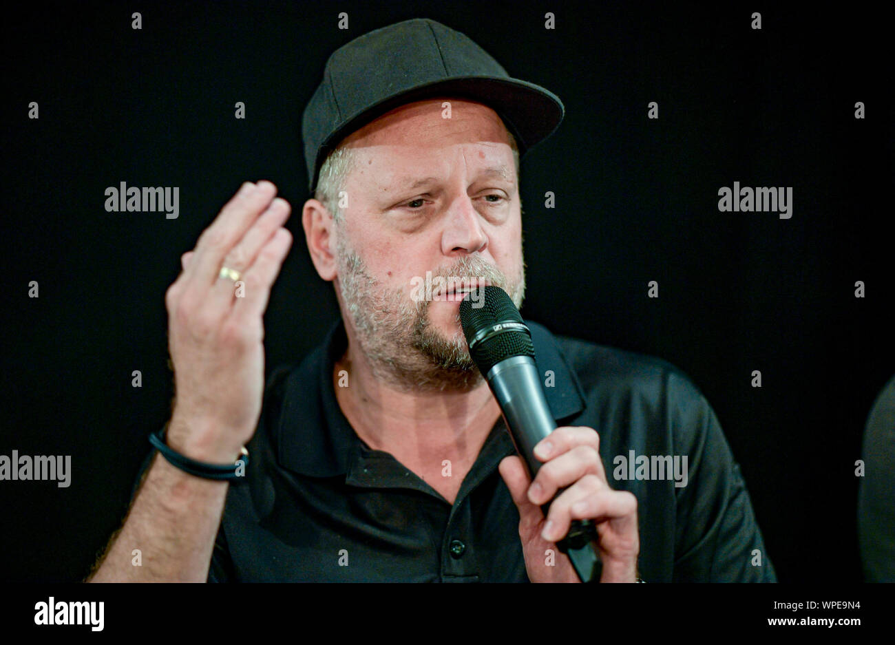 Hamburg, Germany. 09th Sep, 2019. Smudo, musician, speaks during the press conference of the Alliance #Undivisible. Among other things, the alliance expressed its views on the elections in Saxony and Brandenburg as well as the upcoming state elections in Thuringia. Credit: Axel Heimken/dpa/Alamy Live News Stock Photo