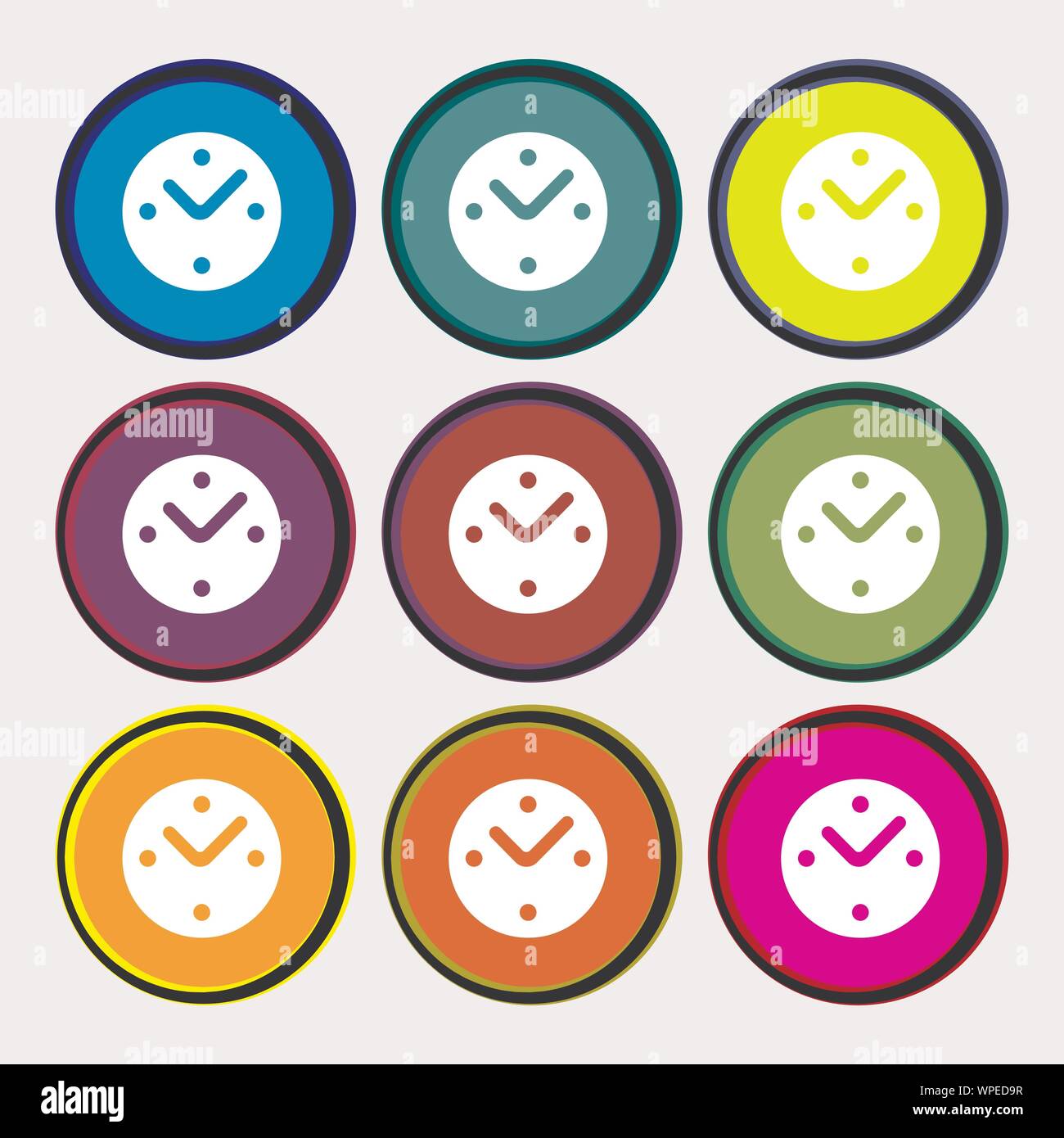 Mechanical Clock icon sign. Nine multi-colored round buttons. Vector ...