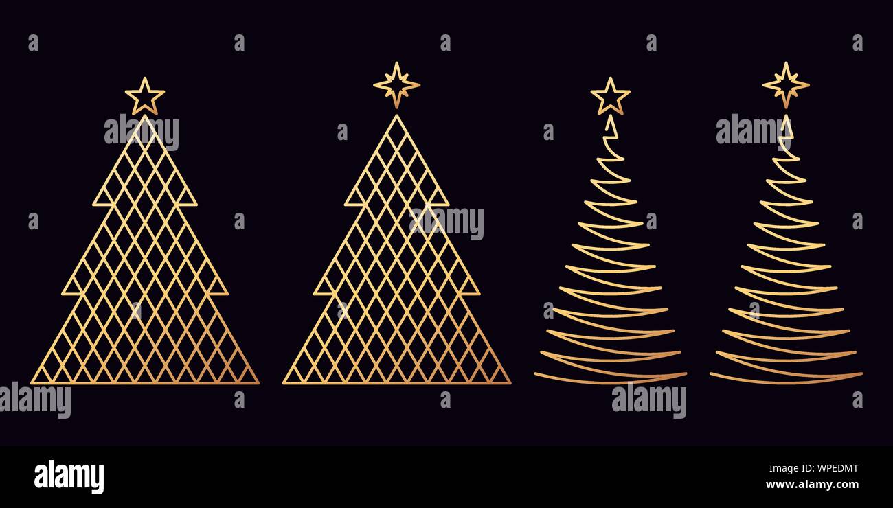 Golden Christmas Tree with Star, Festive icon decoration. Golden Set of Xmas Tree in outline 