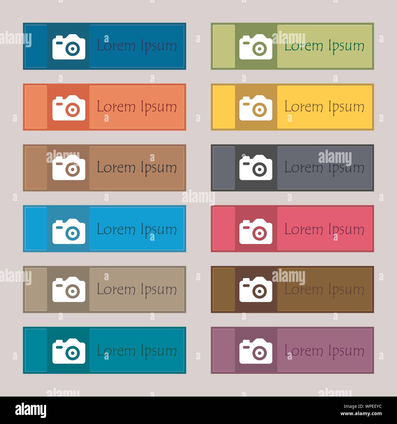 Photo Camera icon sign. Set of twelve rectangular, colorful, beautiful ...