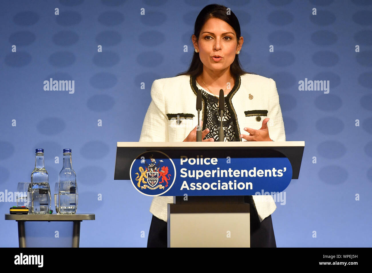 Home Secretary Priti Patel speaking at the Police Superintendents' Association Conference in Stratford-upon-Avon. Stock Photo