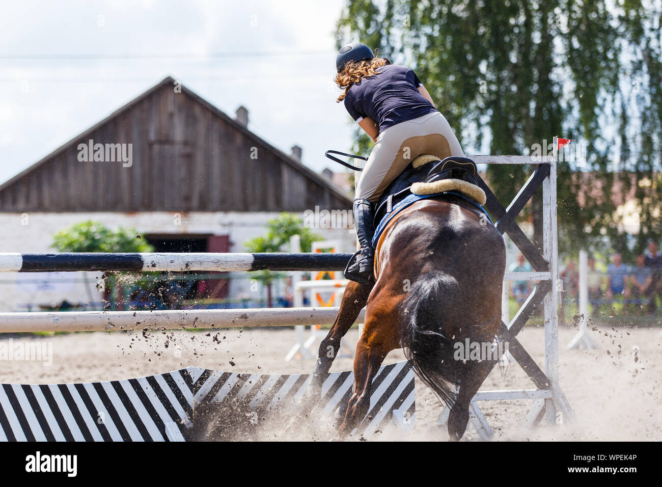 Disobedience of the horse on show jumping equestrian competition Stock Photo