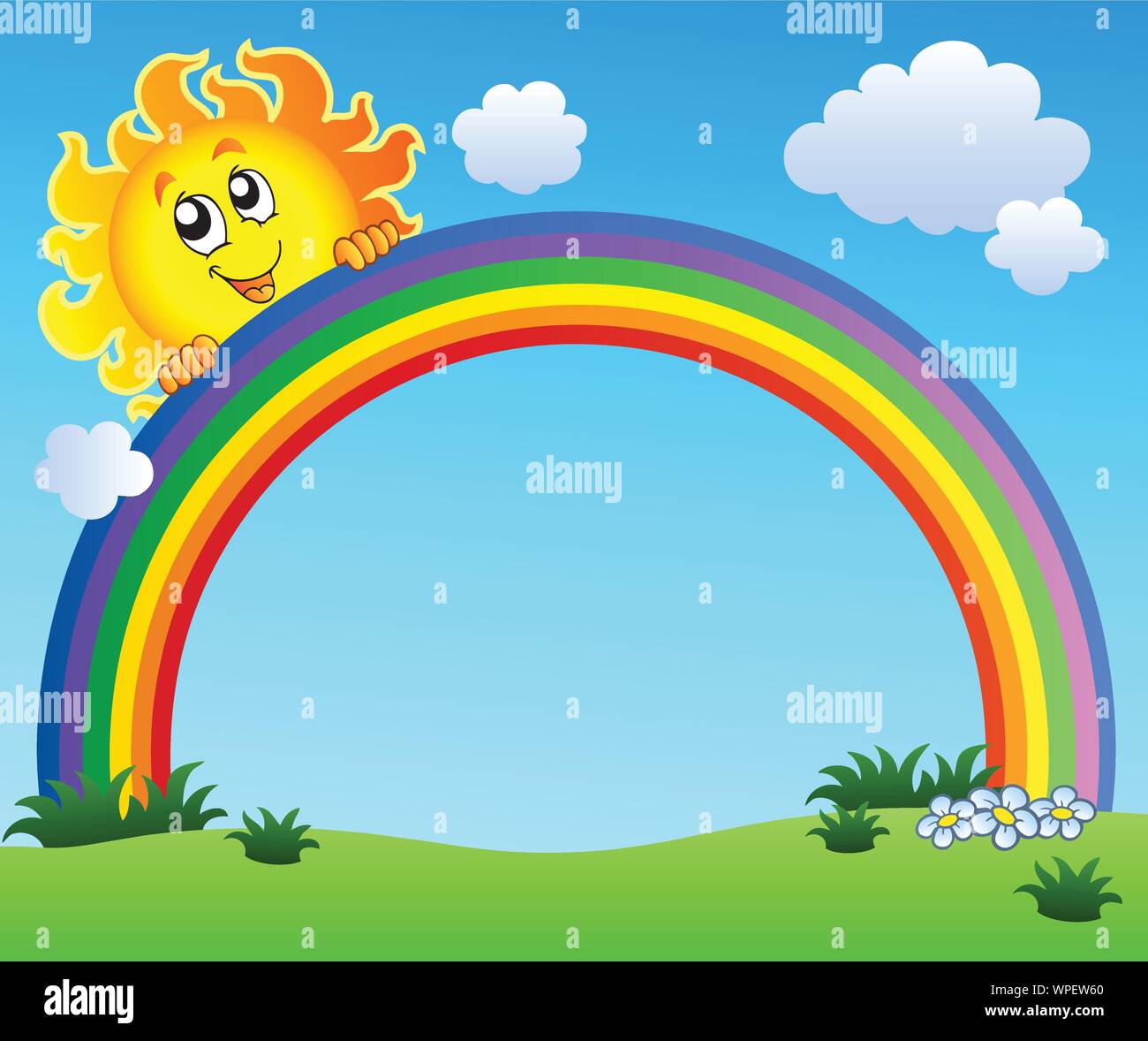 Sun holding rainbow on blue sky Stock Vector