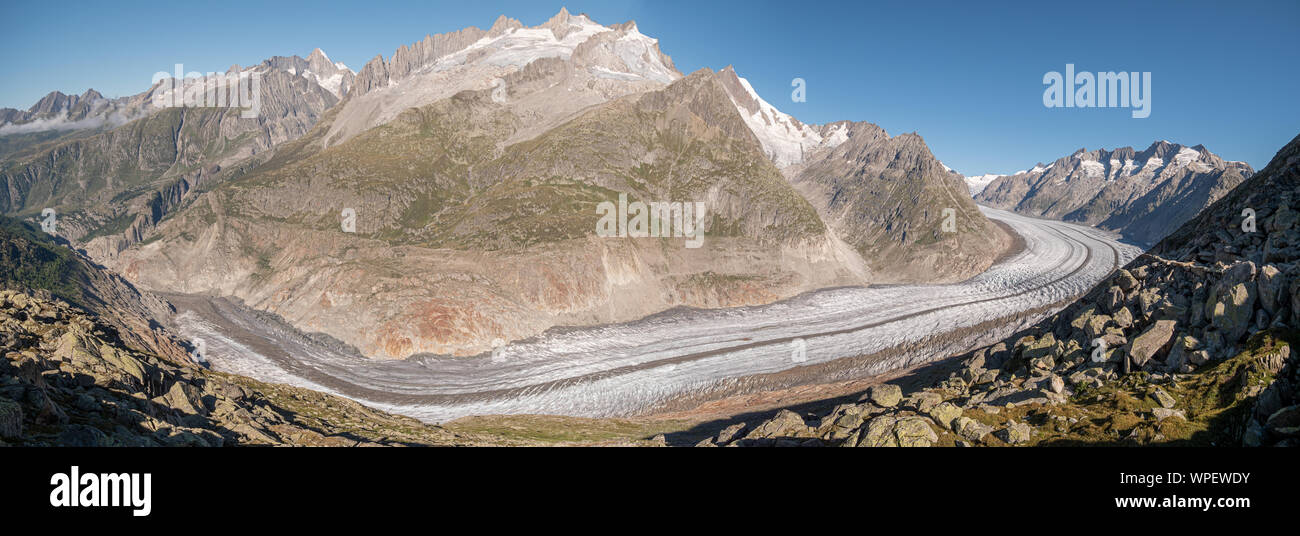 Panoramic shots of the spectacular terrain of the largest glacier in Europe , The Aletsch Glacier located in Central Switzerland. Stock Photo