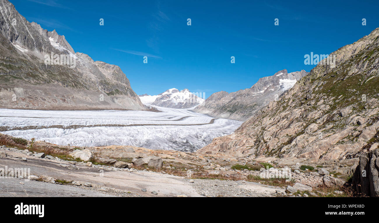Panoramic shots of the spectacular terrain of the largest glacier in Europe , The Aletsch Glacier located in Central Switzerland. Stock Photo