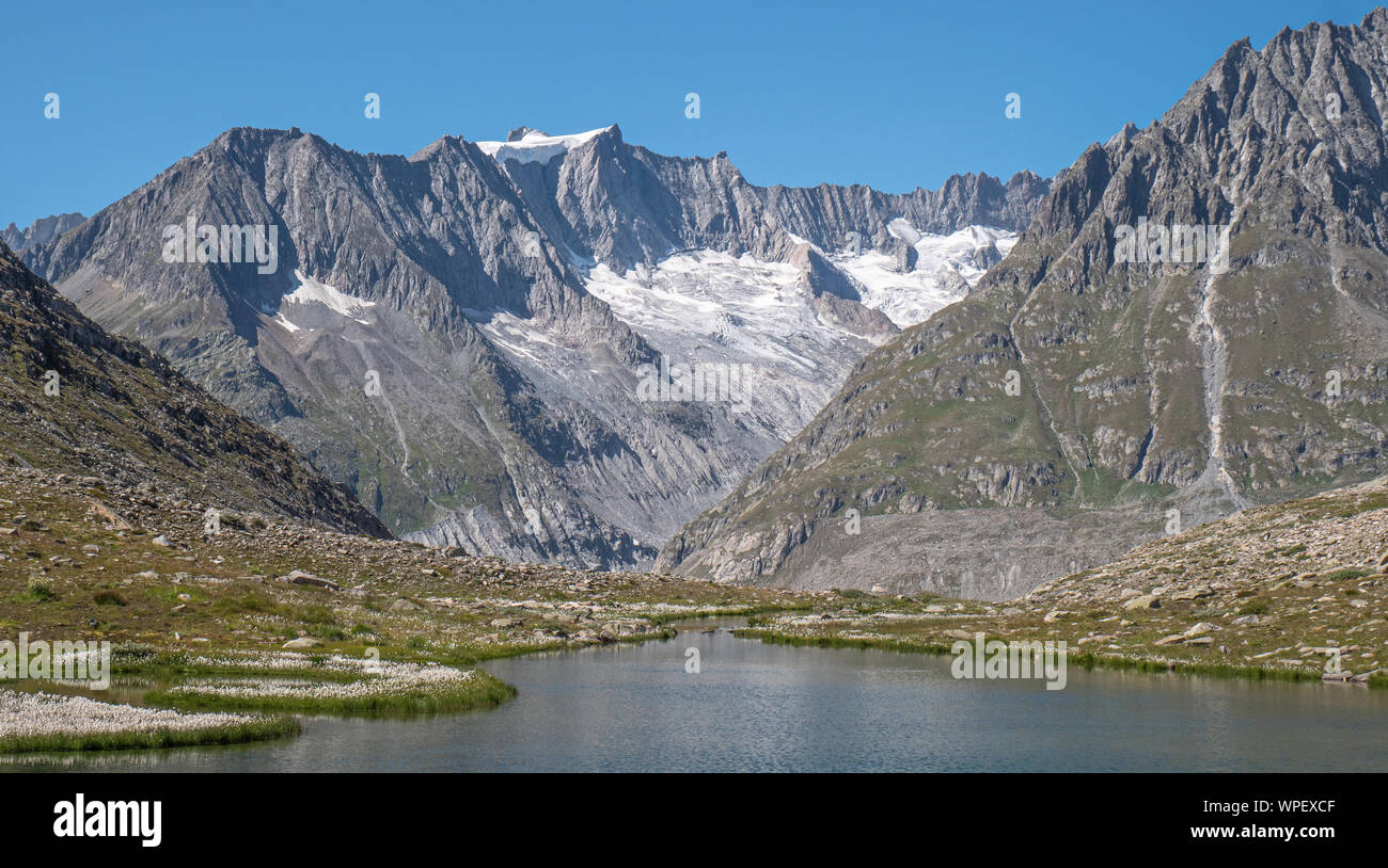 High mountain alpine snow covered peaks and a crystal clean alpine ...