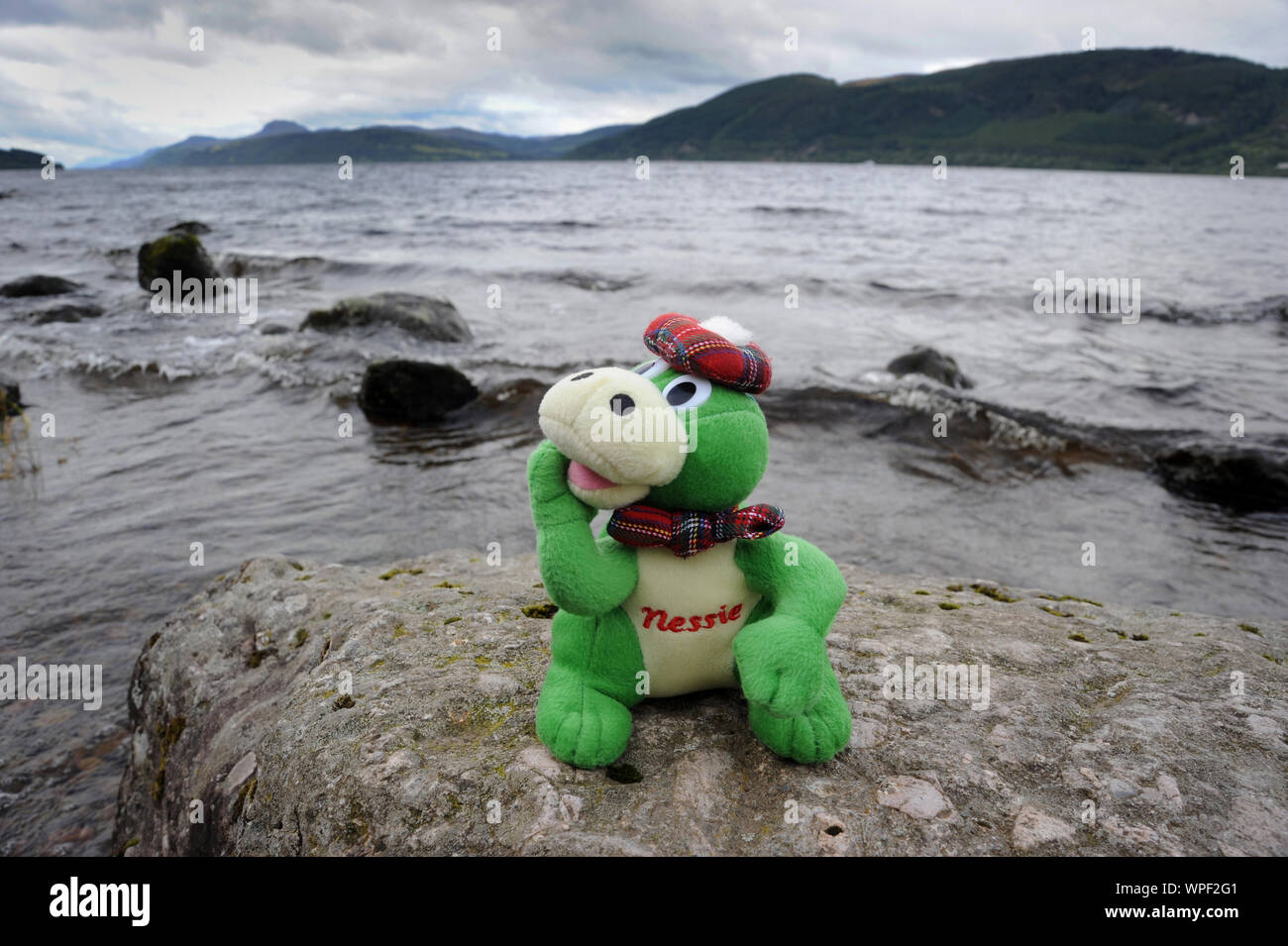 LOCH NESS MONSTER 'NESSIE' TOY ON THE SIDE OF LOCH NESS SCOTLAND RE MYSTERY MYTHS LEGENDS TOURISM TOURISTS HOLIDAYS ETC UK Stock Photo
