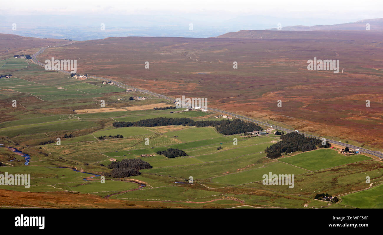 aerial view of the A66 Trans-Pennine trunk road as it crosses the Pennines towards the west, UK Stock Photo