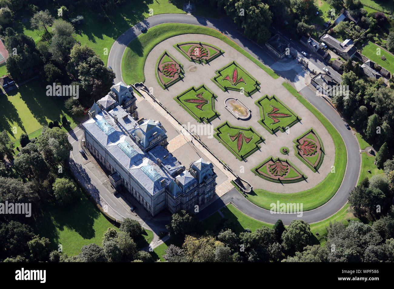 aerial view of the Bowes Museum and formal gardens, Barnard Castle, County Durham, UK Stock Photo