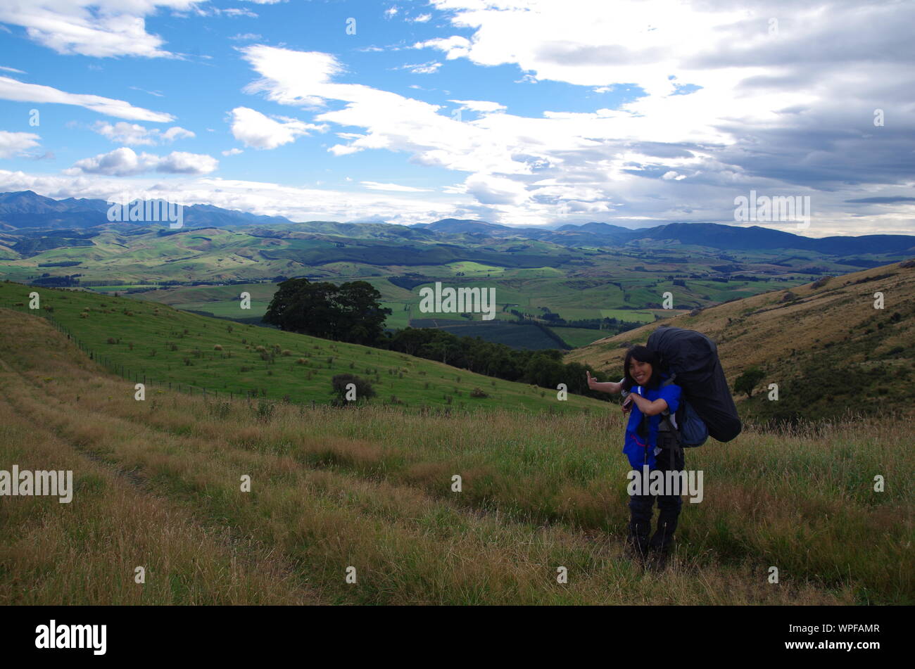 Female Thai backpacker. Te Araroa Trail. Woodlaw Track. Southland