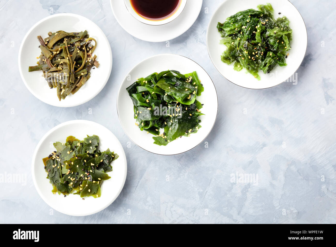 Various seaweed, sea vegetables, shot from the top with a place for text. Superfoods background Stock Photo