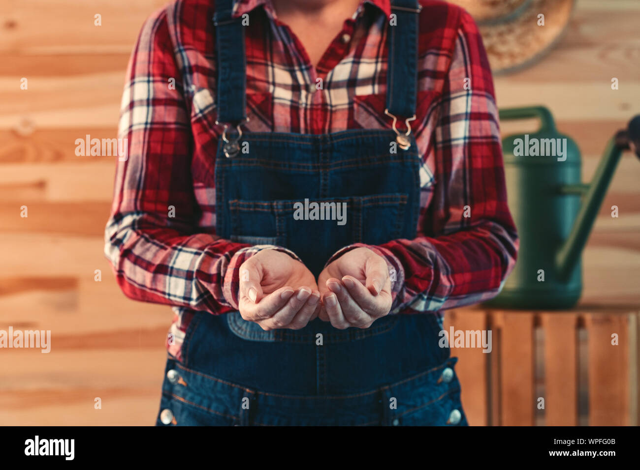 Female gardener with empty cupped hands as if pleading, close up with selective focus on fingers Stock Photo