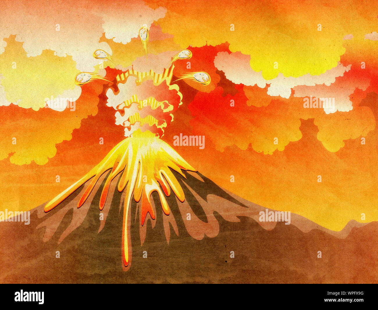 Illustration of cartoon volcano eruption with hot lava, grunge background  Stock Photo - Alamy