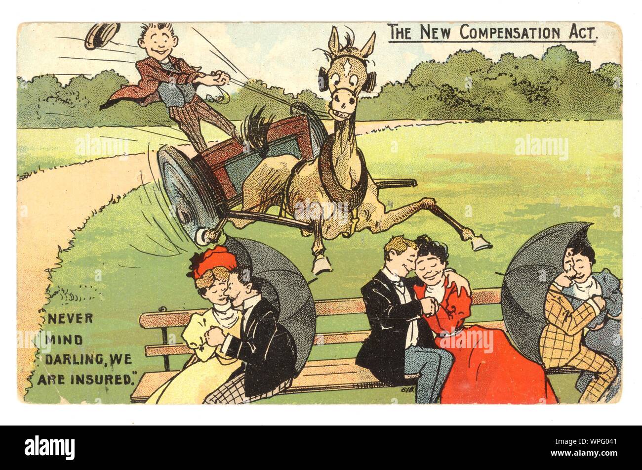 Early 1900's political comic postcard,dated 20 July 1911. The New Compensation act refers to the workmen's compensation act of 1906 - this new British legislation covered injuries sustained by workers whilst at work. If workers had a personal injury at work, they would be entitled to compensation. It was brought about by the reforming Liberal party of 1906 - 1914, but it was difficult and costly to prove the liability of employers U.K. Stock Photo