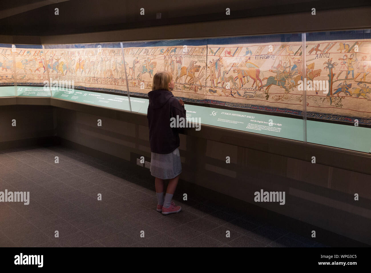 Child visitor to the Victorian replica of the Bayeux tapestry housed in
