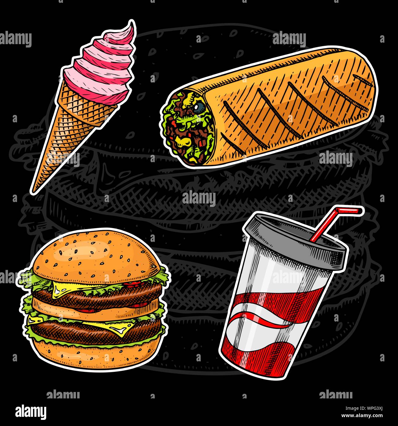 Junk Fast food, Sandwich and Ice Cream, Burger and Soft Drink on a black background. Vintage Sketch for restaurant menu. Hand drawn stickers in retro Stock Vector
