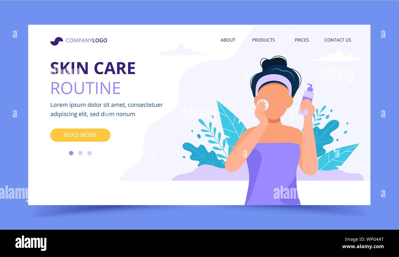 Skin care routine landing page. Woman using a cosmetic product for her ...