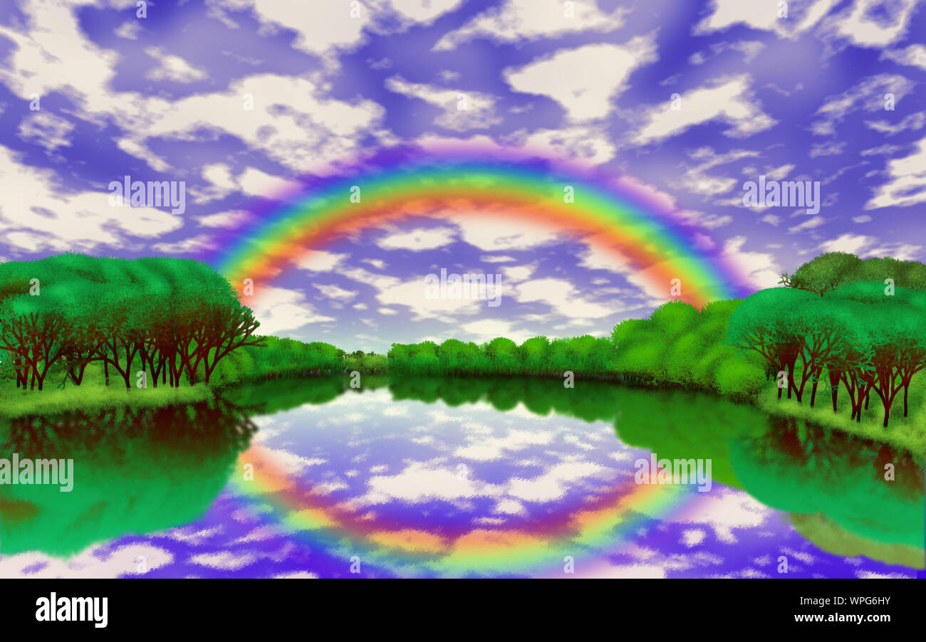 Illustration of rainbow over the lake after the rain Stock Photo - Alamy
