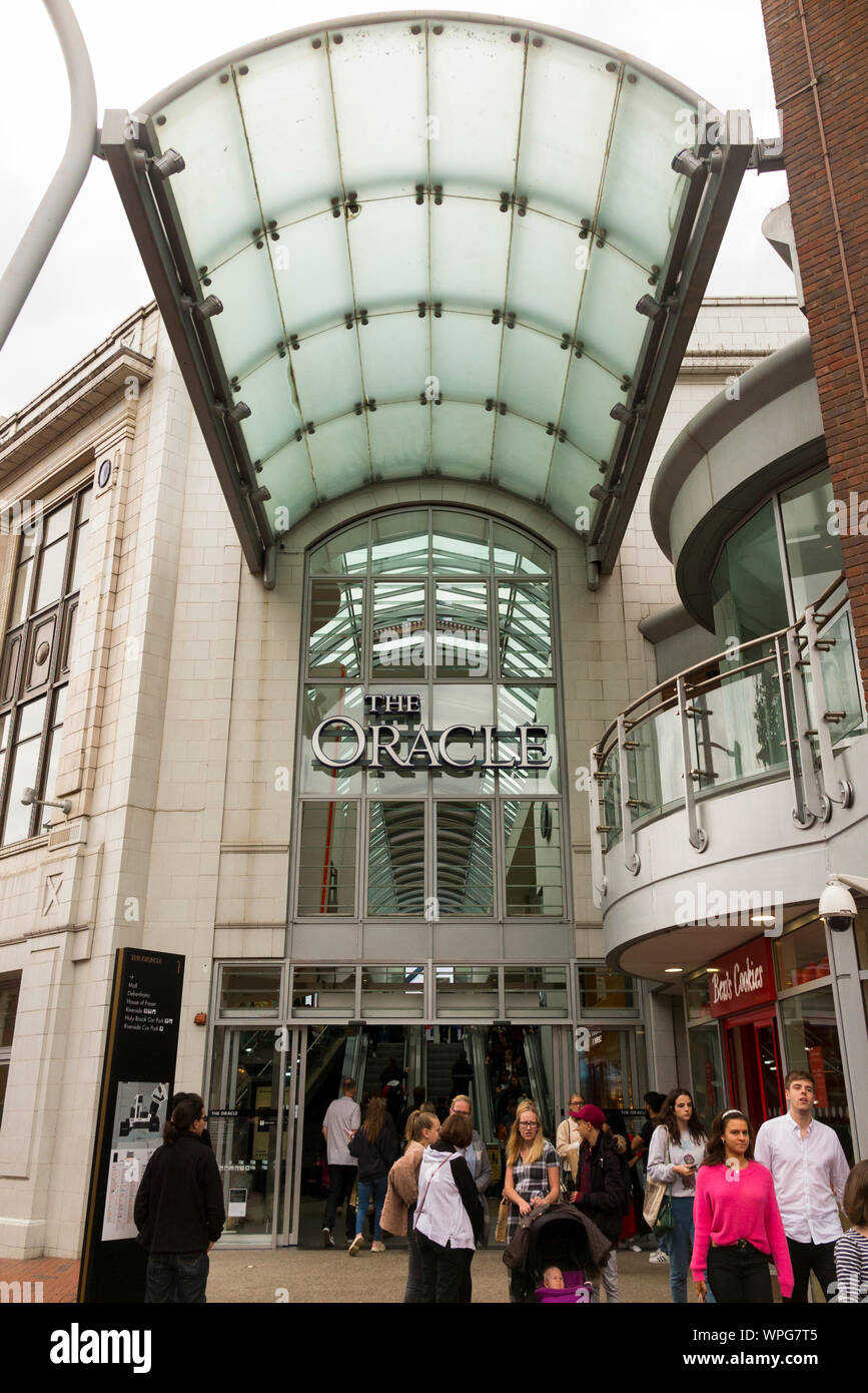 Covered entrance to The Oracle shopping arcade / centre / mall) from Broad Street in Reading, Berkshire. UK. The Oracle has several entrances. (113) Stock Photo