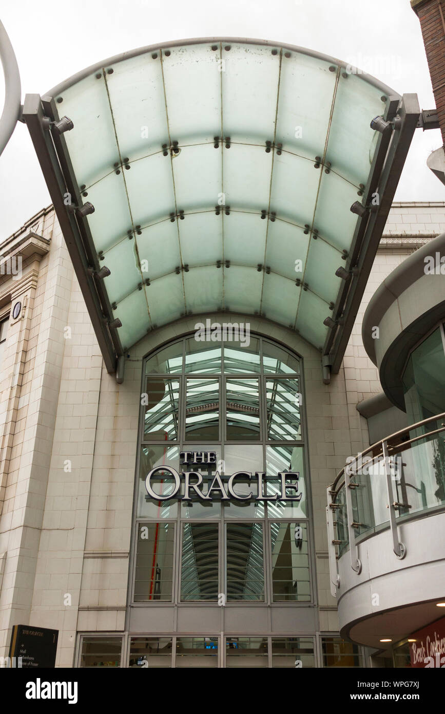 Covered entrance to The Oracle shopping arcade / centre / mall) from Broad Street in Reading, Berkshire. UK. The Oracle has several entrances. (113) Stock Photo
