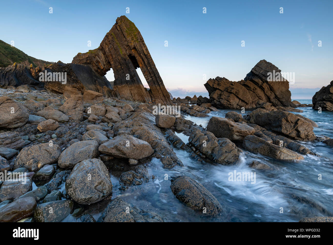 Blackchurch Rock at Mouthmill Beach on the North Devon coast Stock ...