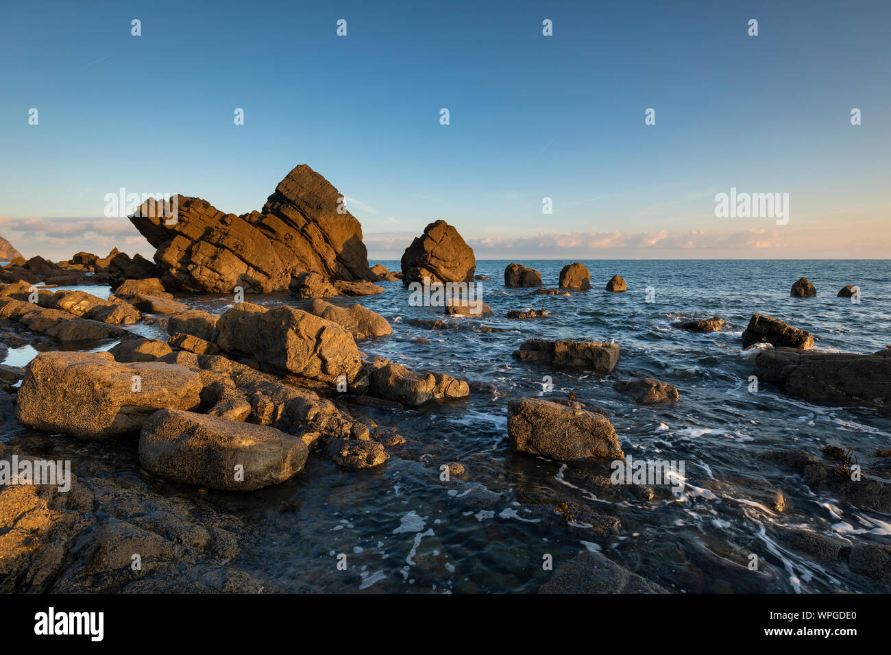 The Rocks next to Blackchurch Rock at Mouthmill Beach on the North Devon coast. Stock Photo