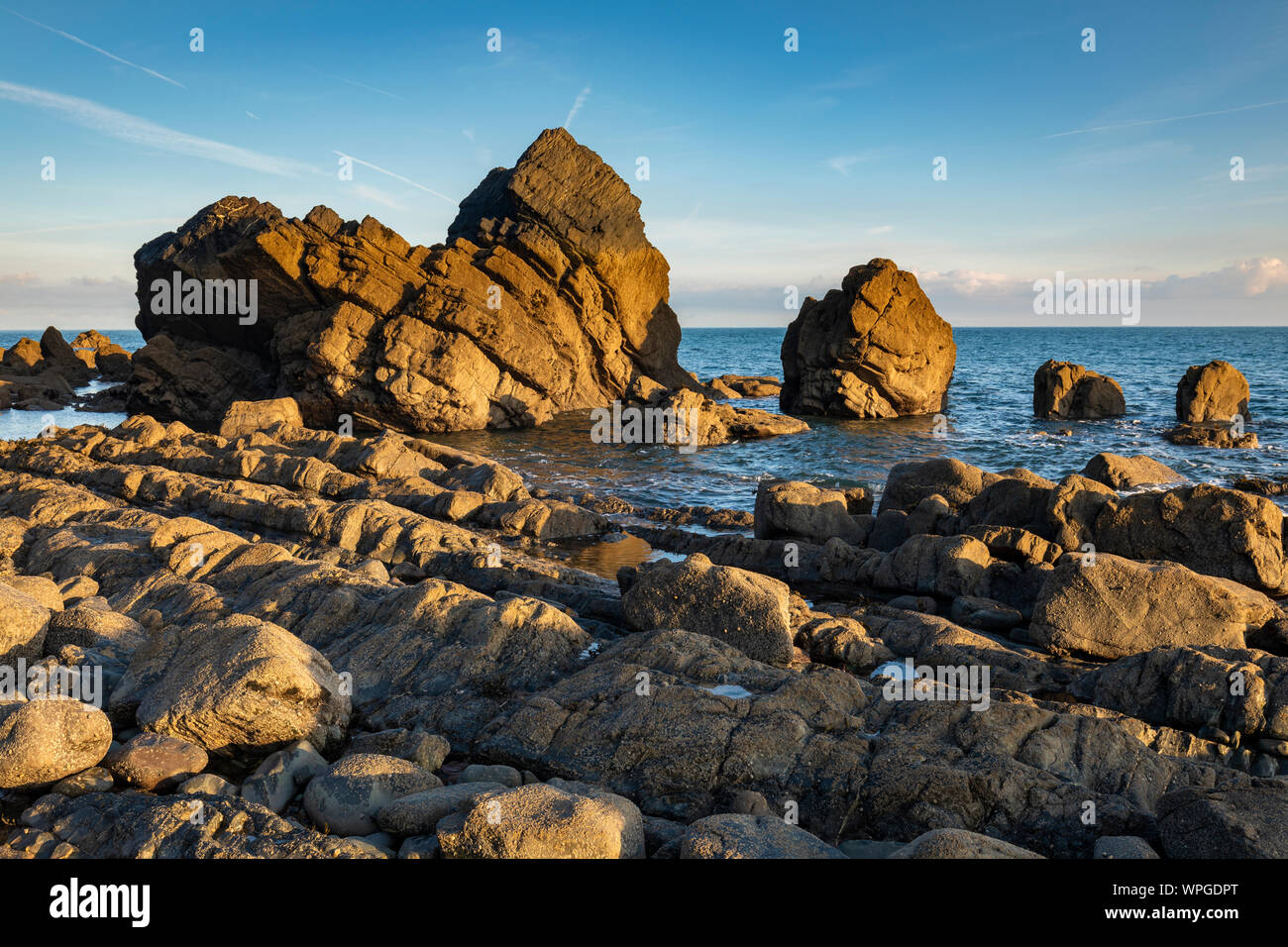 The Rockes next to Blackchurch Rock at Mouthmill Beach on the North Devon coast. Stock Photo