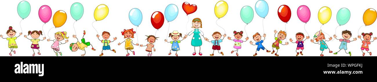 Joyful little children and a teacher. A group of happy, smiling children with balloons. A group of children with a teacher on a walk. Group of cheerfu Stock Vector
