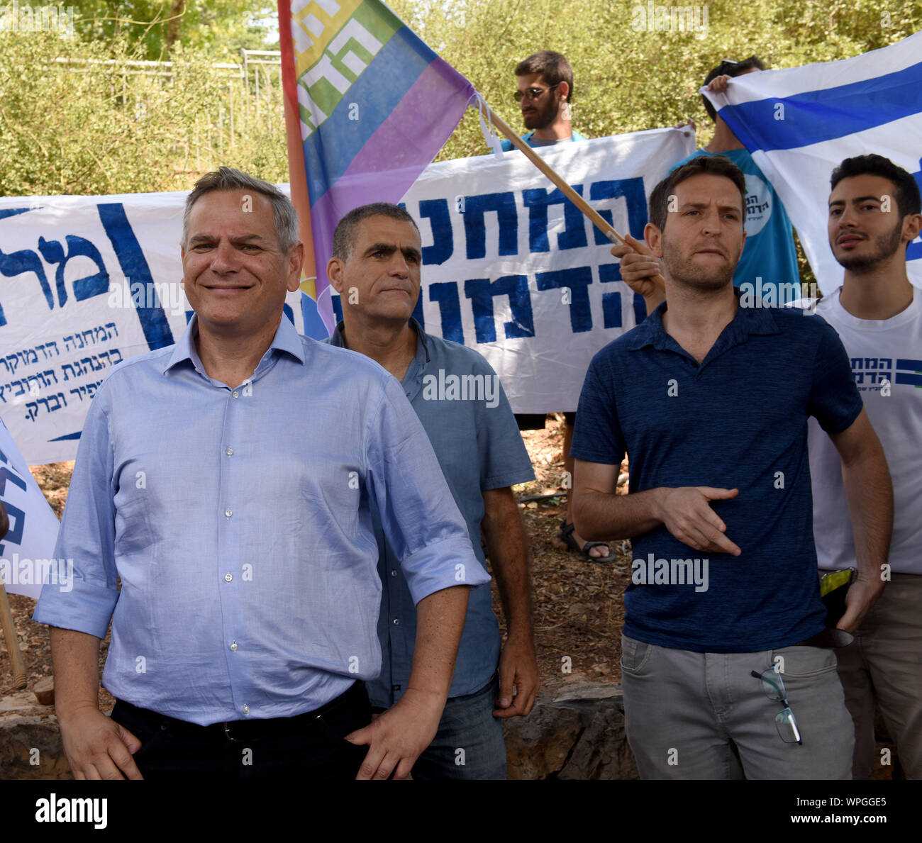 Jerusalem, Israel. 09th Sep, 2019. (L) Nitzan Horowitz, Chairman of the Democratic Union Party leads a protest against Israeli Prime Minister Benjamin Netanyahu outside the Knesset, the Parliament, in Jerusalem, Monday, September 9, 2019. The protesters called on Israelis to save Israel's democracy by voting Netanyahu out of office. Israelis return to the polls on September 17, for the second national election in 2019. Photo by Debbie Hill/UPI Credit: UPI/Alamy Live News Stock Photo