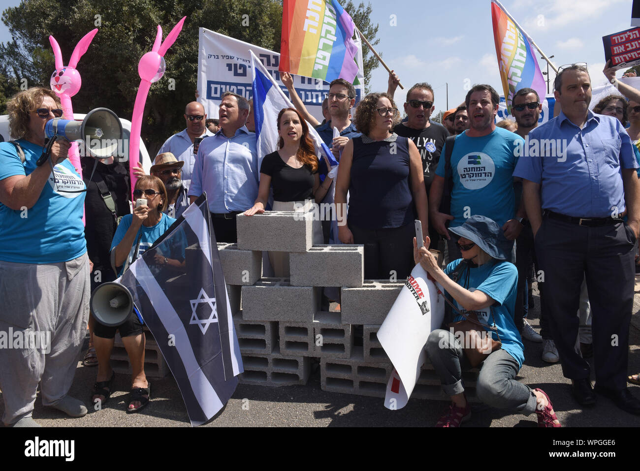 Jerusalem, Israel. 09th Sep, 2019. Supporters of the Democratic Union Party block the street to the Knesset, during a protest against Israeli Prime Minister Benjamin Netanyahu, in Jerusalem, Monday, September 9, 2019. The protesters called on Israelis to save Israel's democracy by voting Netanyahu out of office. Israelis return to the polls on September 17, for the second national election in 2019. Photo by Debbie Hill/UPI Credit: UPI/Alamy Live News Stock Photo