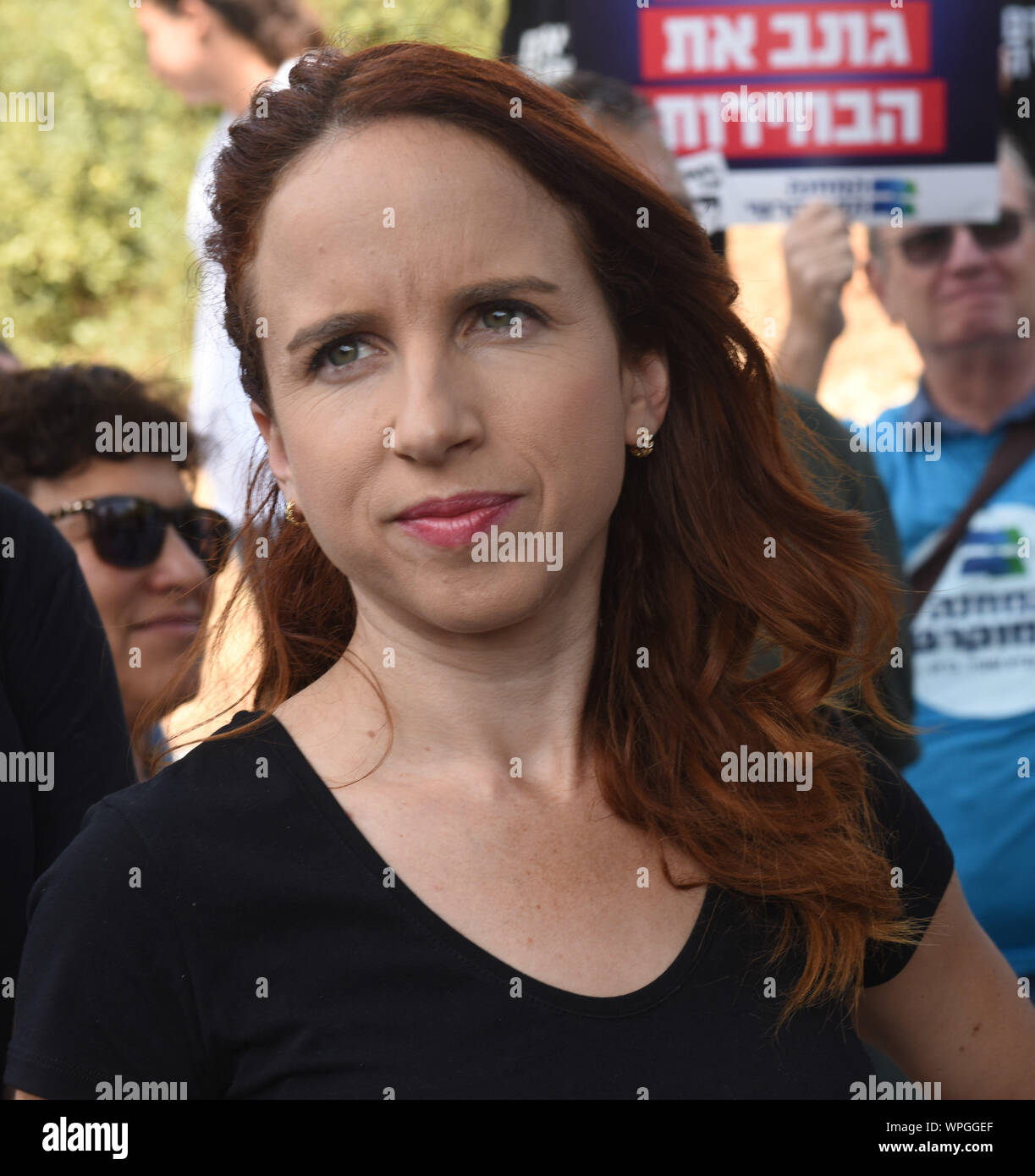 Jerusalem, Israel. 09th Sep, 2019. Stav Shaffir, number two in the Democratic Union Party, speaks at a protest against Israeli Prime Minister Benjamin Netanyahu outside the Knesset, the Parliament, in Jerusalem, Monday, September 9, 2019. The protesters called on Israelis to save Israel's democracy by voting Netanyahu out of office. Israelis return to the polls on September 17, for the second national election in 2019. Photo by Debbie Hill/UPI Credit: UPI/Alamy Live News Stock Photo