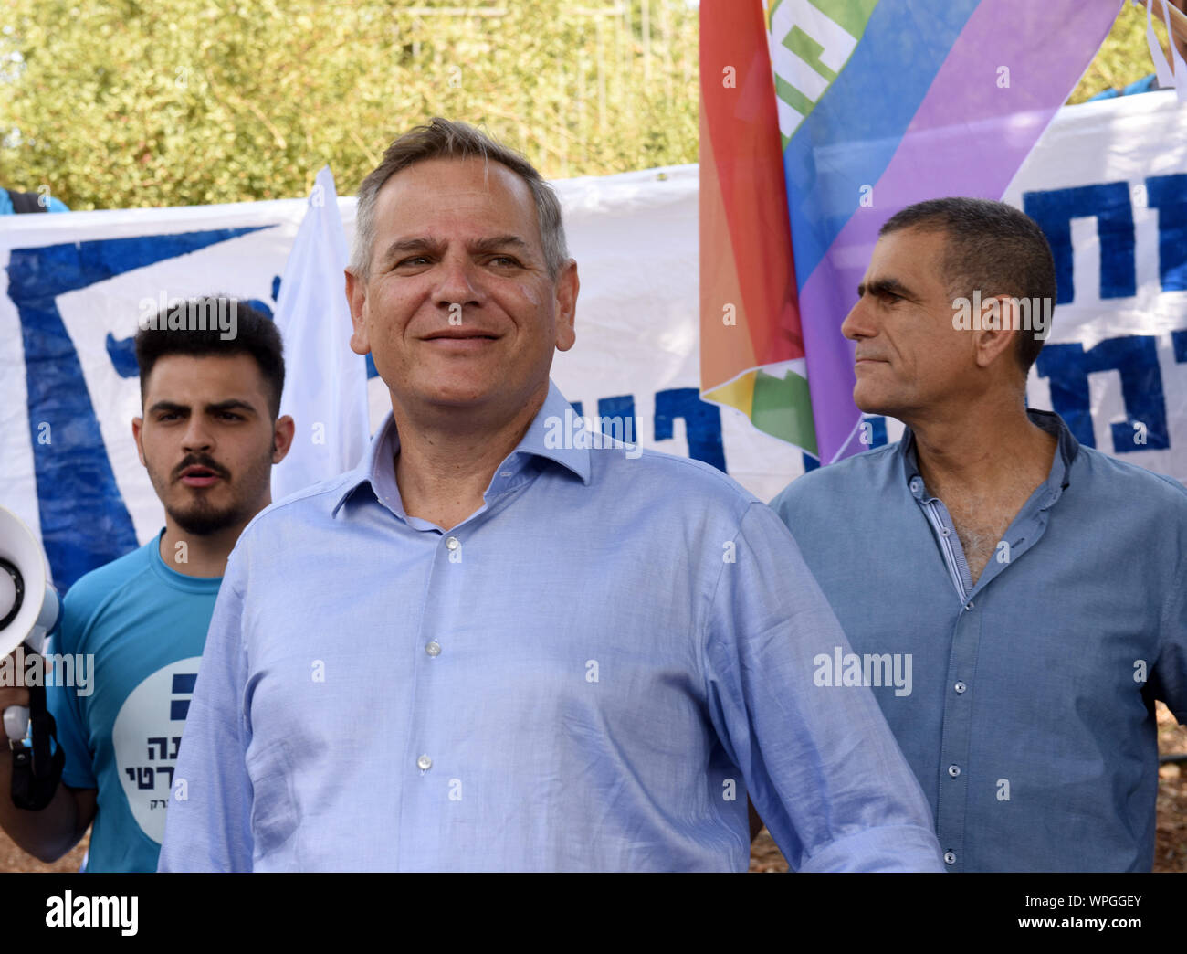 Jerusalem, Israel. 09th Sep, 2019. (C) Nitzan Horowitz, Chairman of the Democratic Union Party leads a protest against Israeli Prime Minister Benjamin Netanyahu outside the Knesset, the Parliament, in Jerusalem, Monday, September 9, 2019. The protesters called on Israelis to save Israel's democracy by voting Netanyahu out of office. Israelis return to the polls on September 17, for the second national election in 2019. Photo by Debbie Hill/UPI Credit: UPI/Alamy Live News Stock Photo