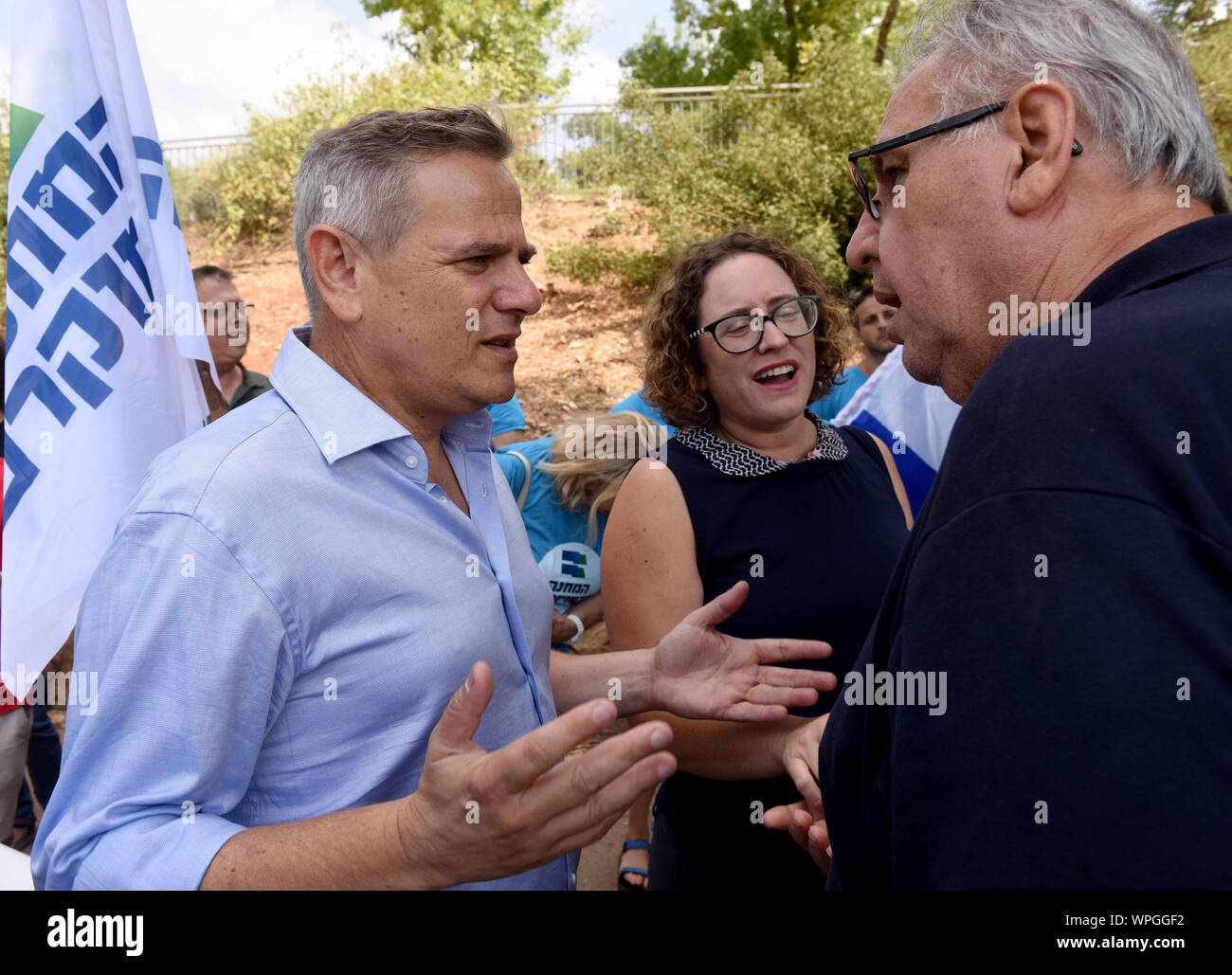 Jerusalem, Israel. 09th Sep, 2019. (L) Nitzan Horowitz, Chairman of the Democratic Union Party speaks to a supporter during a protest against Israeli Prime Minister Benjamin Netanyahu outside the Knesset, the Parliament, in Jerusalem, Monday, September 9, 2019. The protesters called on Israelis to save Israel's democracy by voting Netanyahu out of office. Israelis return to the polls on September 17, for the second national election in 2019. Photo by Debbie Hill/UPI Credit: UPI/Alamy Live News Stock Photo