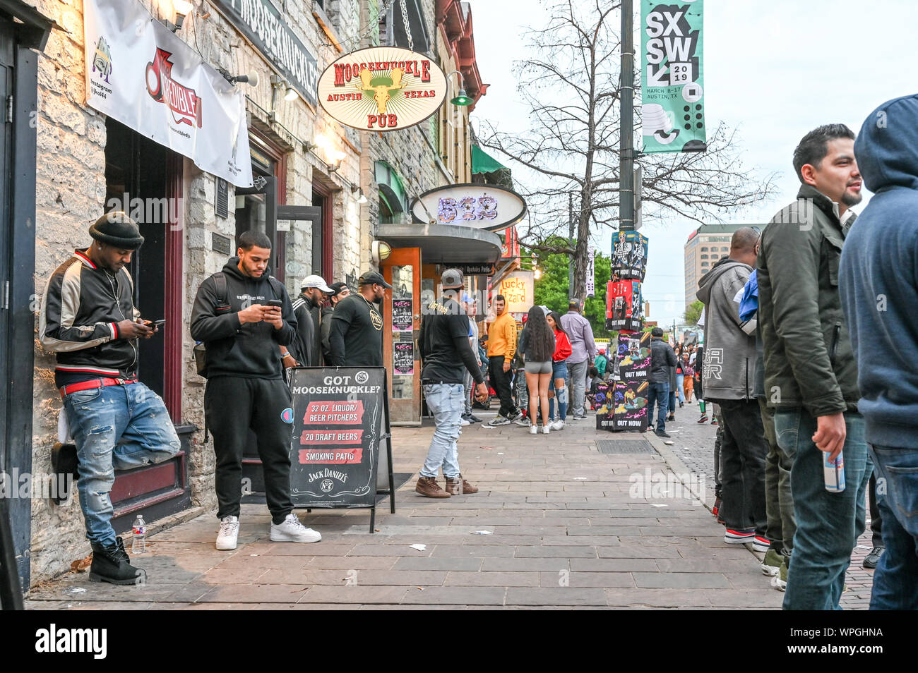 Sixth Street in Austin Texas during SXSW festival in March 2019. This