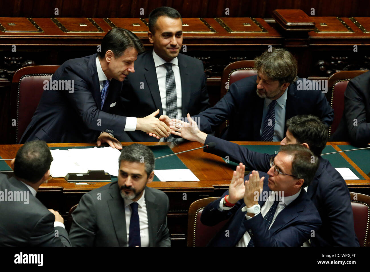 Rome, Italy. 09th Sep, 2019. Ministers congratulate Giuseppe Conte after his speech Rome September 9th 2019. Lower Chamber. Programmatic speech of the new appointed Italian Premier at the Chamber of Deputies to explain the program of the yellow-red executive. After his speech the Chamber is called to the trust vote at the new Government. Credit: insidefoto srl/Alamy Live News Stock Photo