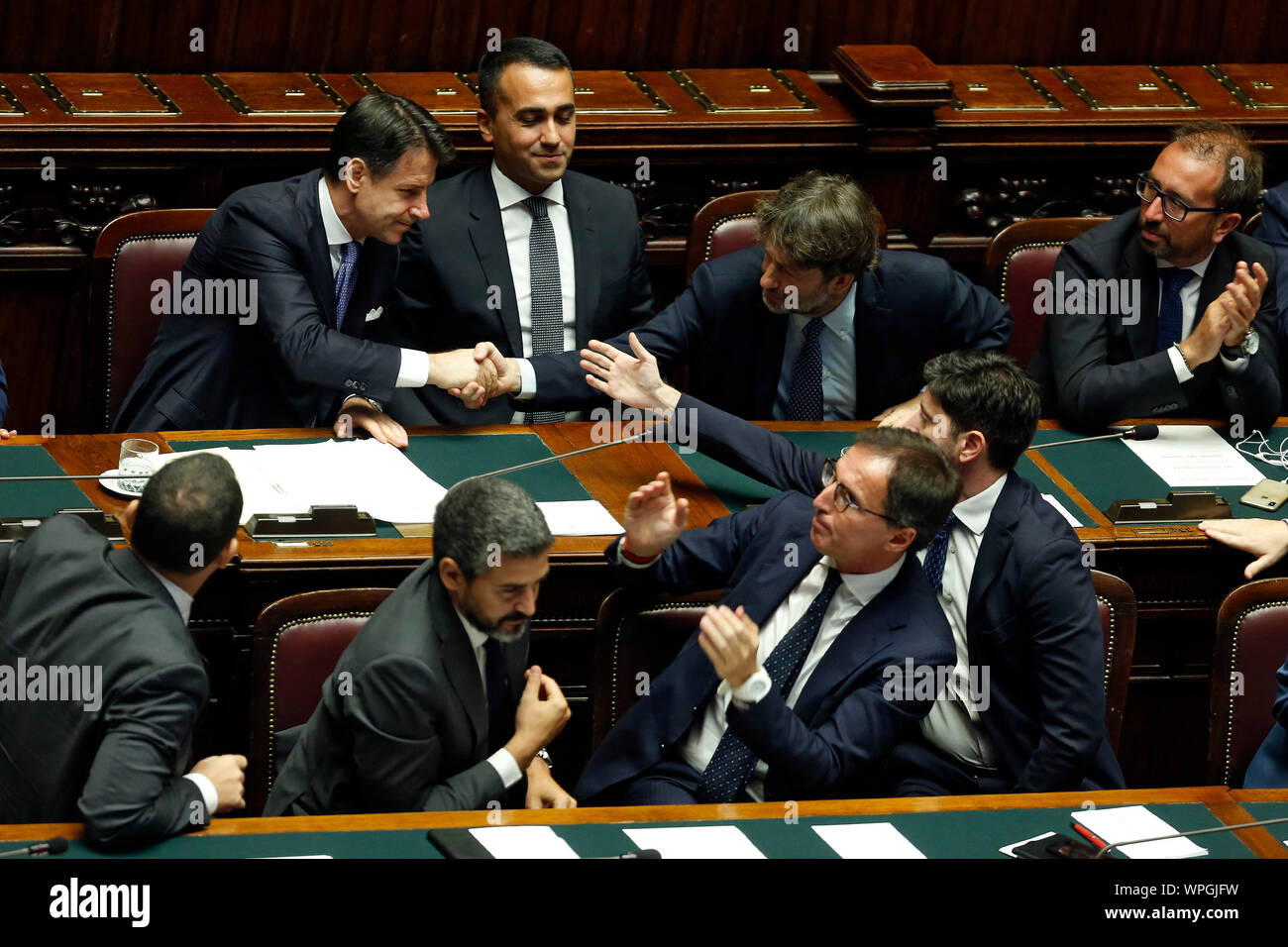 Rome, Italy. 09th Sep, 2019. Ministers congratulate Giuseppe Conte after his speech. Luigi Di Maio, Dario Franceschini, Riccardo Fraccaro, Vincenzo Boccia, Roberto Speranza Rome September 9th 2019. Lower Chamber. Programmatic speech of the new appointed Italian Premier at the Chamber of Deputies to explain the program of the yellow-red executive. After his speech the Chamber is called to the trust vote at the new Government. Credit: insidefoto srl/Alamy Live News Stock Photo