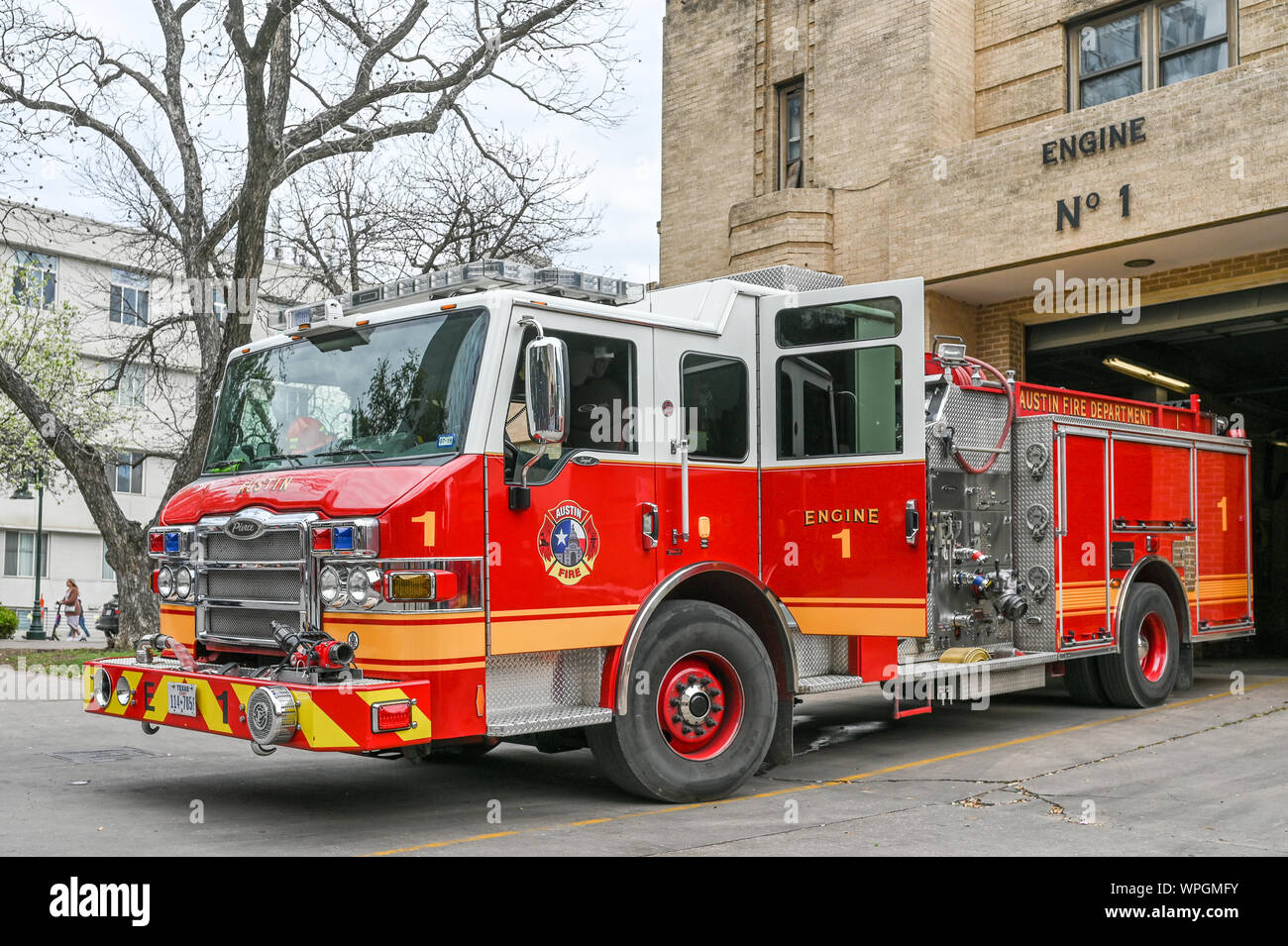 Fire engine number 1 at Fire Station 1 on 401 E 5th Street. Austin Fire