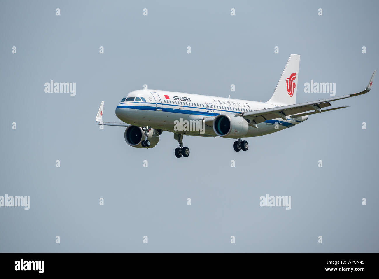 Chengdu airport, Sichuan province, China - August 28, 2019 : Air China Airbus A320 Neo commercial airplane against sky Stock Photo